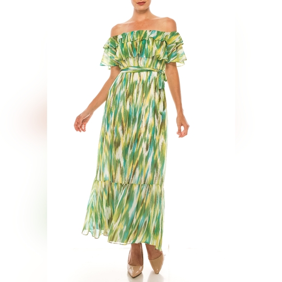 Donna Morgan Soft White Avocado Multi Print Midi Dress - Picture 1 of 5